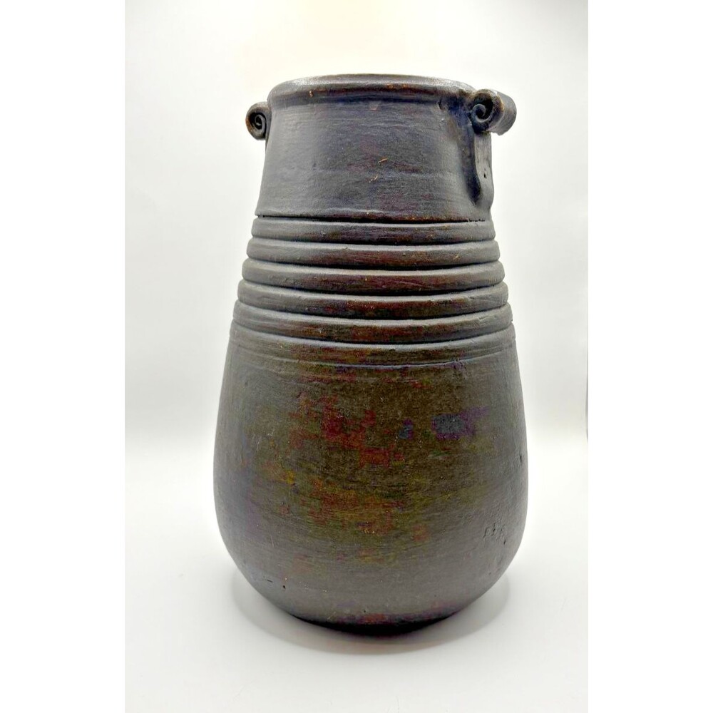 Pier 1  Dark Brown Ceramic Vase 10"Spiral Handles Handcrafted Philippines Rustic